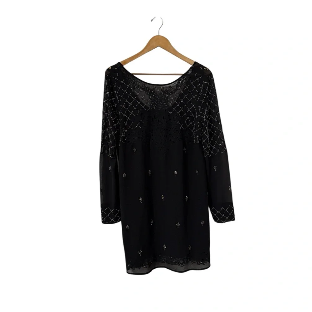 FREE PEOPLE Unchain My Heart Beaded Embroidered Black Long Sleeve Mini Dress